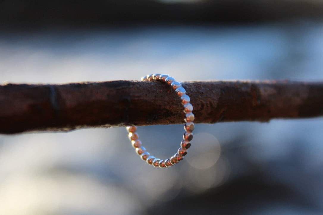 Sterling Silver Pebble Ring with Beaded Band