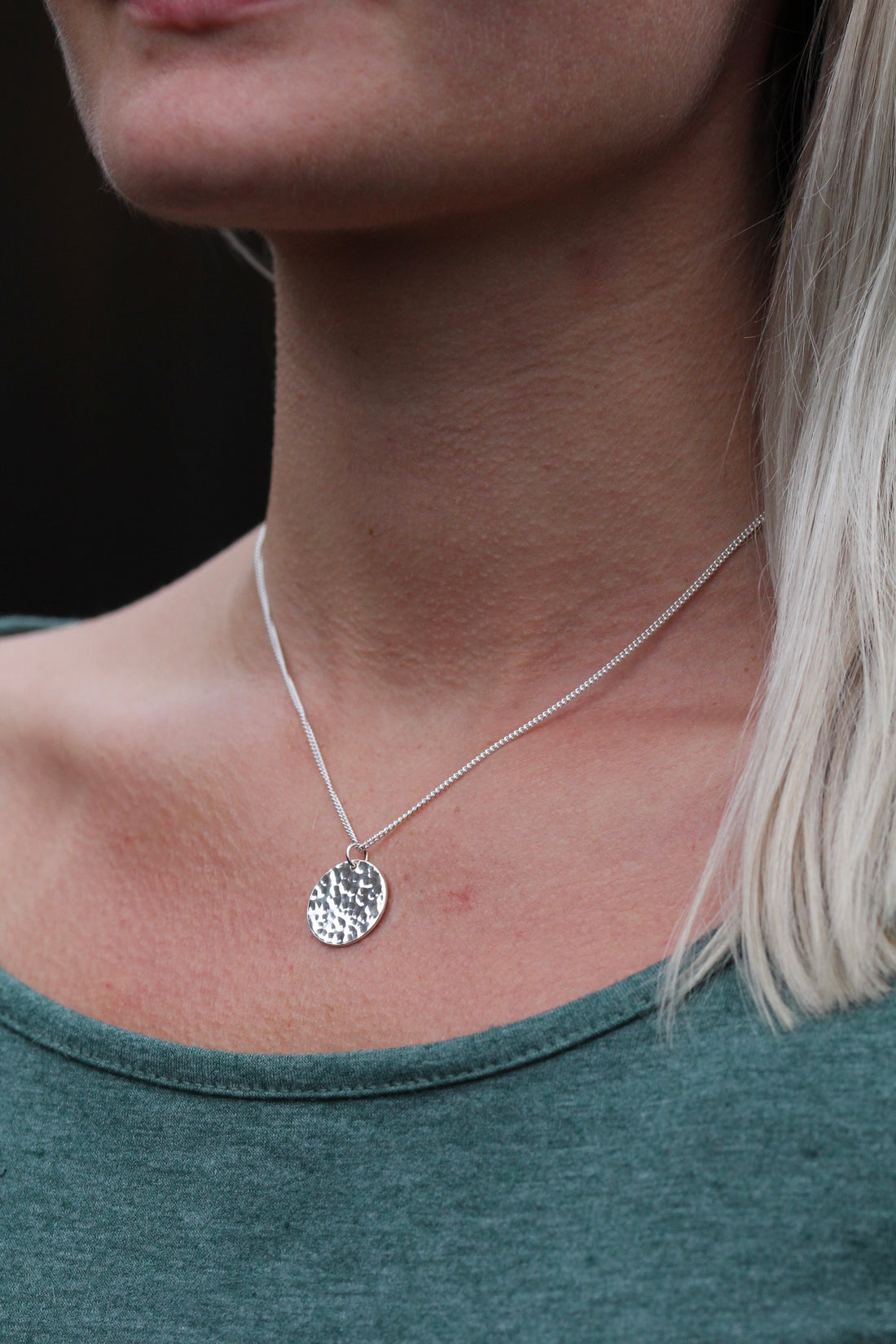 Sterling Silver Full Moon Hammered Circle Disc Necklace