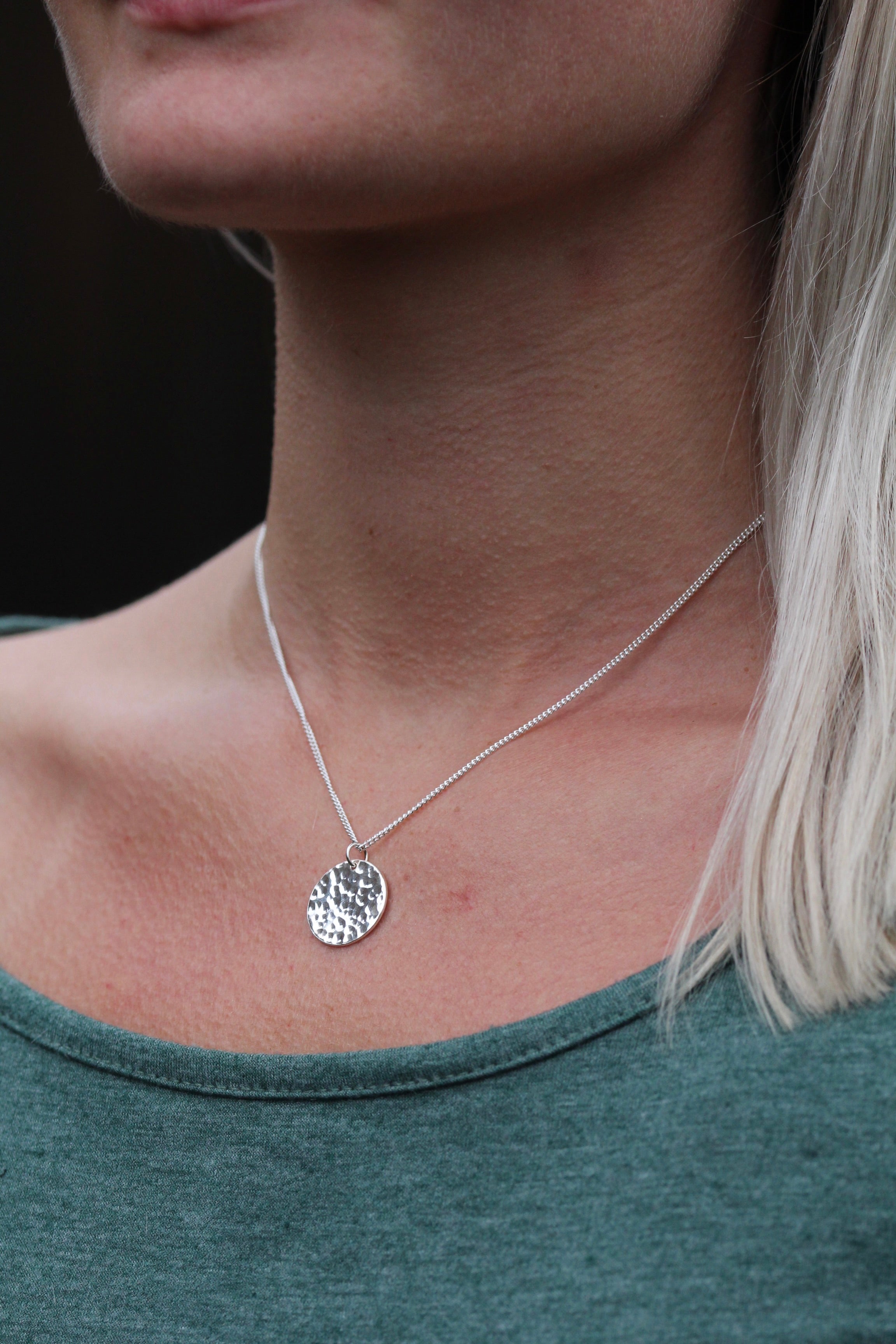 Sterling Silver Full Moon Hammered Circle Disc Necklace