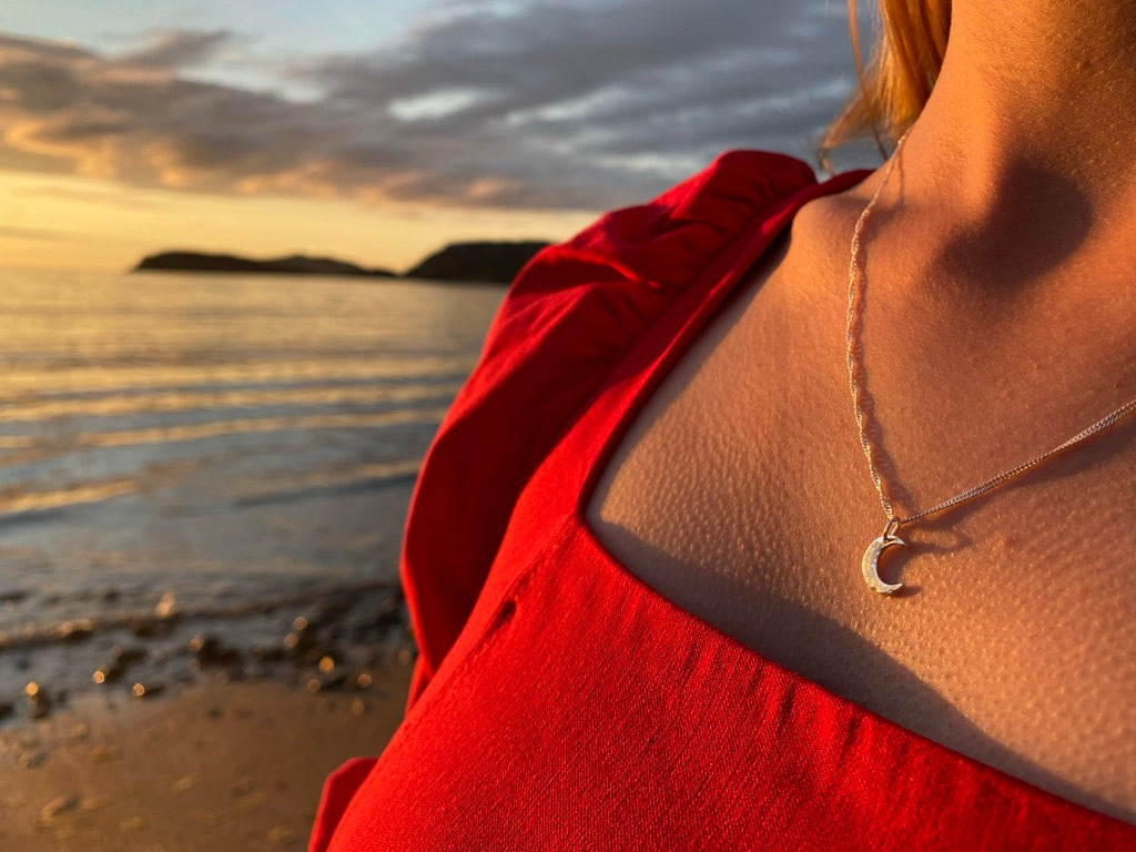 Sterling Silver Crescent Moon Necklace with Hammered Texture