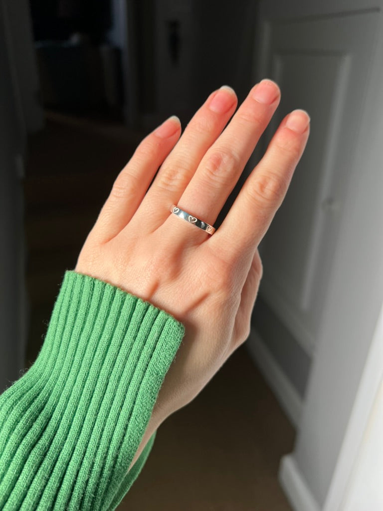 Sterling Silver Rectangular Ring with Stamped Hearts